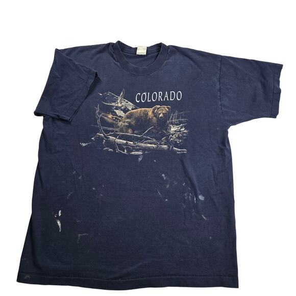Fruit Of The Loom T Shirt XL Colorado Brown Bear Prairie Mountain VTG Blue READ - Picture 1 of 9